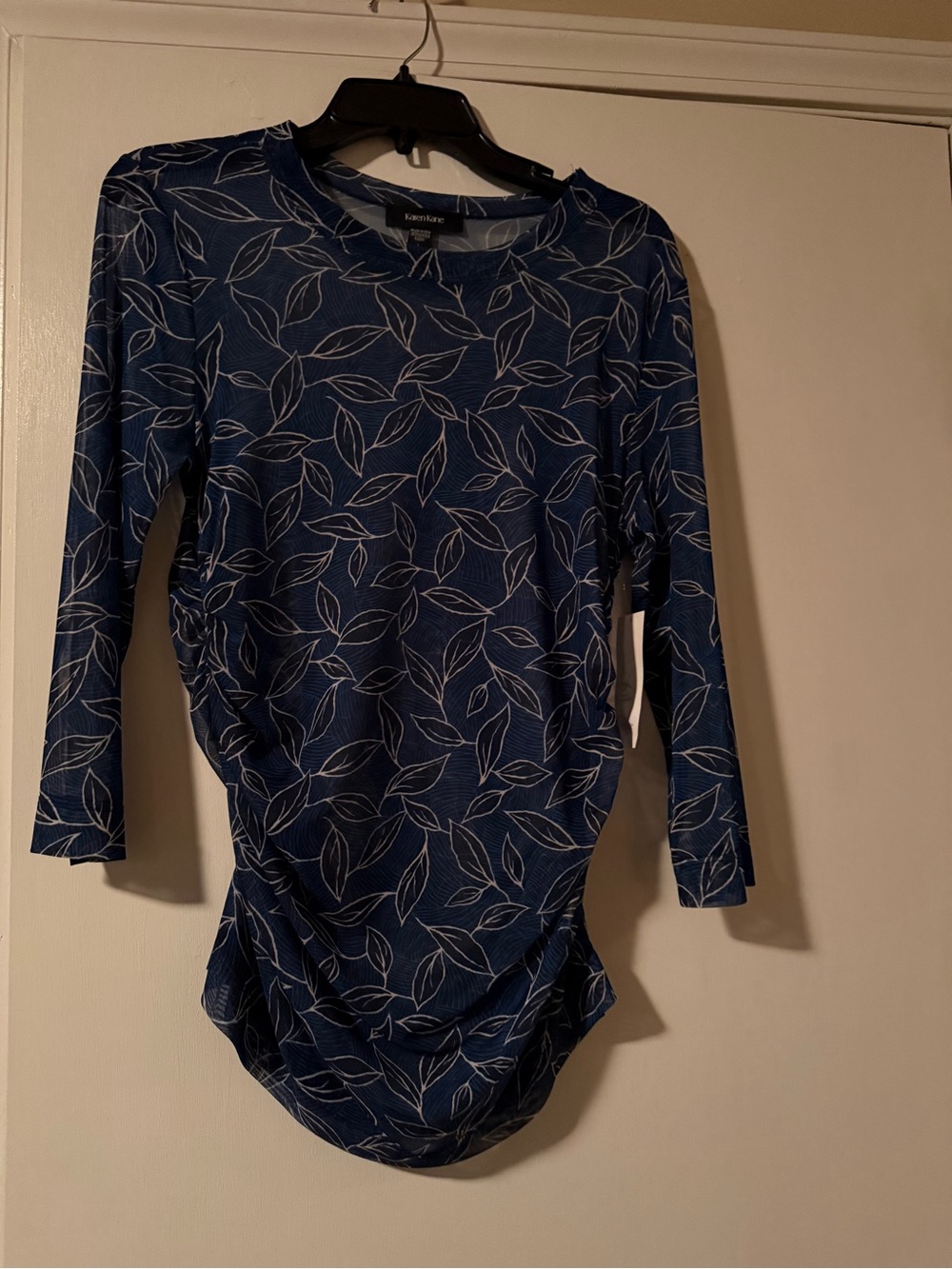 KAREN KANE Side Gathered Sheer Blouse With A Leaf Pattern Print.